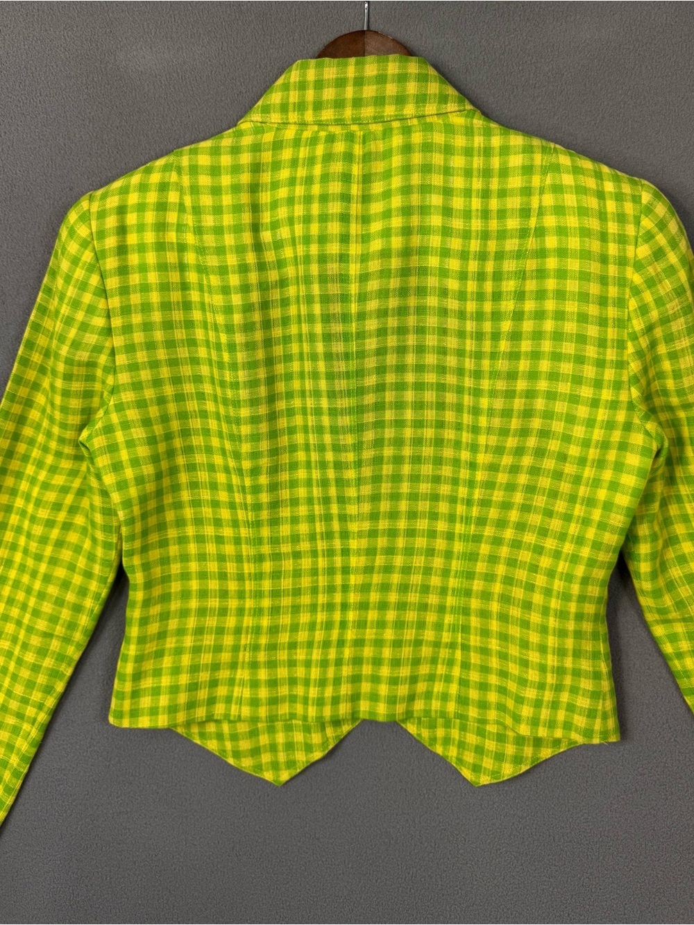 Vintage 90’s Dana Buchman Linen Lime Green + Yellow Gingham Blazer Jacket, 4 - Picture 8 of 13